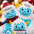 Load image into Gallery viewer, personalized Christmas ornament with yeti family of three in winter clothing