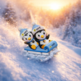 Load image into Gallery viewer, Two penguin figurines on a sled in a snowy landscape with a warm glow.