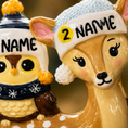 Load image into Gallery viewer, Two ceramic animal figures, one owl and one deer, wearing winter hats with 'NAME' text.