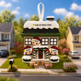 Load image into Gallery viewer, Decorative house ornament with three figures in front of a suburban neighborhood.