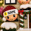 Load image into Gallery viewer, Decorative Christmas ornament with a child wearing a red hat and 'NAME' headband, standing next to a house with a wreath.