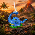 Load image into Gallery viewer, Blue dinosaur figurine with a volcano and palm trees in the background