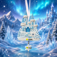 Load image into Gallery viewer, ornament of a castle with blue doors and turrets against a blurred frozen theme background