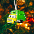 Load image into Gallery viewer, Cute personalized garbage truck ornament in green and yellow with animated truck face. Custom name and year option for kids who love trucks, garbage trucks, city vehicles and recycling themes. Perfect holiday tree decor for boys and toddlers obsessed with trucks. Bright colors, fun design, and adorable Christmas keepsake.