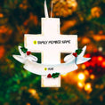 Load image into Gallery viewer, Personalized memorial cross ornament featuring a classic white cross design with a smooth matte finish and gentle holiday accents. Includes free handwritten personalization with name and year displayed on the front. Designed with a raised 3D front and flat back for easy hanging. A meaningful keepsake ornament created to honor loved ones and cherish memories during the holiday season. Perfect for remembrance decor faith inspired gifts and Christmas tree display.