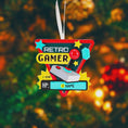 Load image into Gallery viewer, Personalized retro gamer Christmas ornament featuring a classic arcade style joystick and bold gaming icons. Raised 3D front details create depth while the back remains flat for easy hanging. Custom name and year placement make this ornament a fun and nostalgic keepsake for gamers and holiday tree decor.