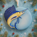 Load image into Gallery viewer, Decorative Sailfish ornament on a blue background with festive elements