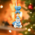 Load image into Gallery viewer, Personalized Christmas ornament with a snowman and customizable text against a festive background.