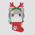 Load image into Gallery viewer, Cat-shaped Christmas ornament with red antlers and a stocking, on a white background