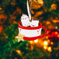 Load image into Gallery viewer, Personalized couple ornament featuring two smiling characters inside a cozy holiday mug design. This romantic Christmas ornament can be customized with two names and a family name or year, making it perfect for couples, partners, spouses, fiancés, or loved ones. Ideal for celebrating love, Valentine’s Day, anniversaries, newlyweds, or first holidays together. A warm and meaningful keepsake that captures shared moments and turns them into lasting holiday memories.