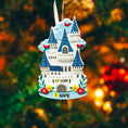 Load image into Gallery viewer, Personalized Princess Castle Christmas Ornament featuring a charming white fairytale castle with blue rooftops and red flags, surrounded by colorful floral details. Customizable with name at the base and year on the castle front, this magical princess castle ornament is perfect for celebrating a special little girl.