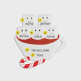 Load image into Gallery viewer, Personalized family name plaque shaped like a coffee cup with candy cane handle on a white background