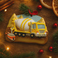 Load image into Gallery viewer, Personalized concrete mixer truck ornament for kids. Bright yellow cement truck Christmas decoration with custom name and year. Fun construction theme holiday decor for boys who love trucks, building toys, machinery and vehicles.