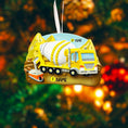 Load image into Gallery viewer, Personalized concrete mixer truck ornament for kids. Bright yellow cement truck Christmas decoration with custom name and year. Fun construction theme holiday decor for boys who love trucks, building toys, machinery and vehicles.