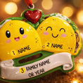 Load image into Gallery viewer, Personalized taco couple ornament featuring a playful and colorful design celebrating love and togetherness. This cute Christmas ornament can be customized with two names and a family name or year, making it perfect for couples, partners, newlyweds, engagements, anniversaries, Valentine’s Day, or fun holiday gifts. A joyful keepsake that represents shared laughter, connection, and memorable moments together.
