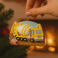 Load image into Gallery viewer, Personalized concrete mixer truck ornament for kids. Bright yellow cement truck Christmas decoration with custom name and year. Fun construction theme holiday decor for boys who love trucks, building toys, machinery and vehicles.