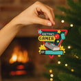 Load image into Gallery viewer, Personalized retro gamer Christmas ornament featuring a classic arcade style joystick and bold gaming icons. Raised 3D front details create depth while the back remains flat for easy hanging. Custom name and year placement make this ornament a fun and nostalgic keepsake for gamers and holiday tree decor.
