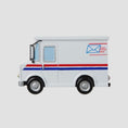 Load image into Gallery viewer, Model of a white mail truck with red and blue stripes on a light gray background