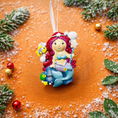 Load image into Gallery viewer, Personalized mermaid Christmas ornament with red curly hair, teal seashell top and purple tail, custom name and year holiday keepsake