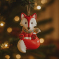 Load image into Gallery viewer, Fox ornament with a plaid scarf hanging on a Christmas tree.
