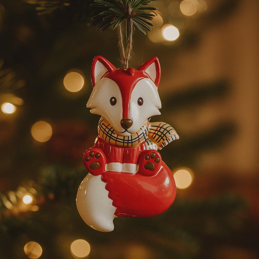 Fox ornament with a plaid scarf hanging on a Christmas tree.