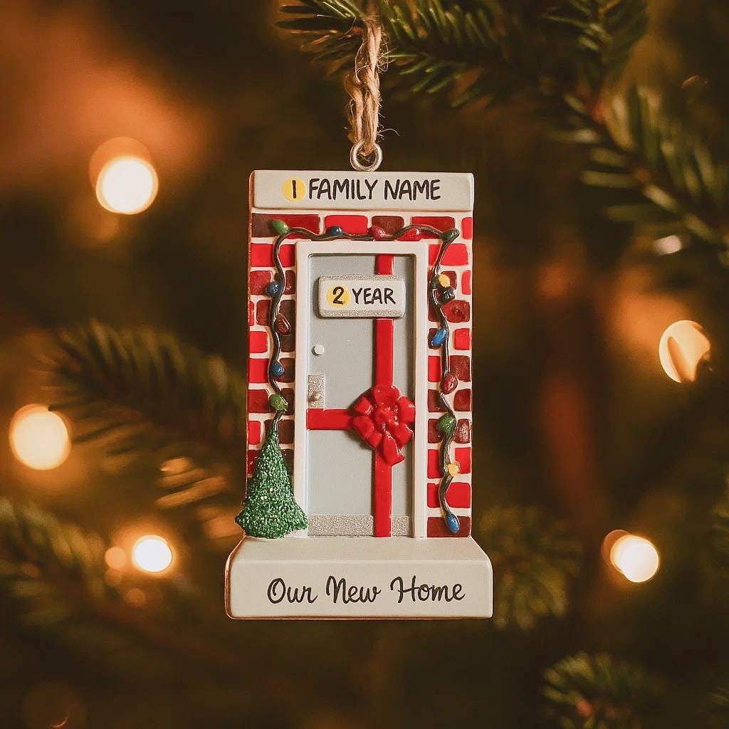 Decorative ornament with a door design, family name placeholder, and 'Our New Home' text, hanging on a Christmas tree.
