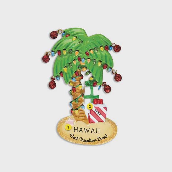 Decorative palm tree ornament with lights and 'Hawaii Best Vacation Ever!' text on a white background