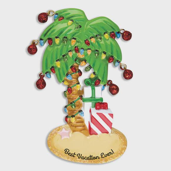 Decorative palm tree ornament with lights and presents on a white background