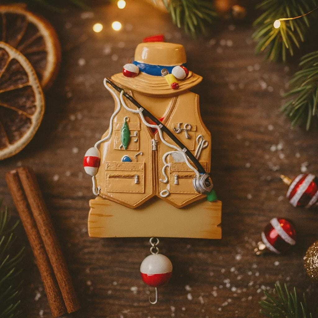 Fishing Ornament Personalized | Fisher Vest Ornament | Custom Fisherman Gift | Unique Christmas Keepsake