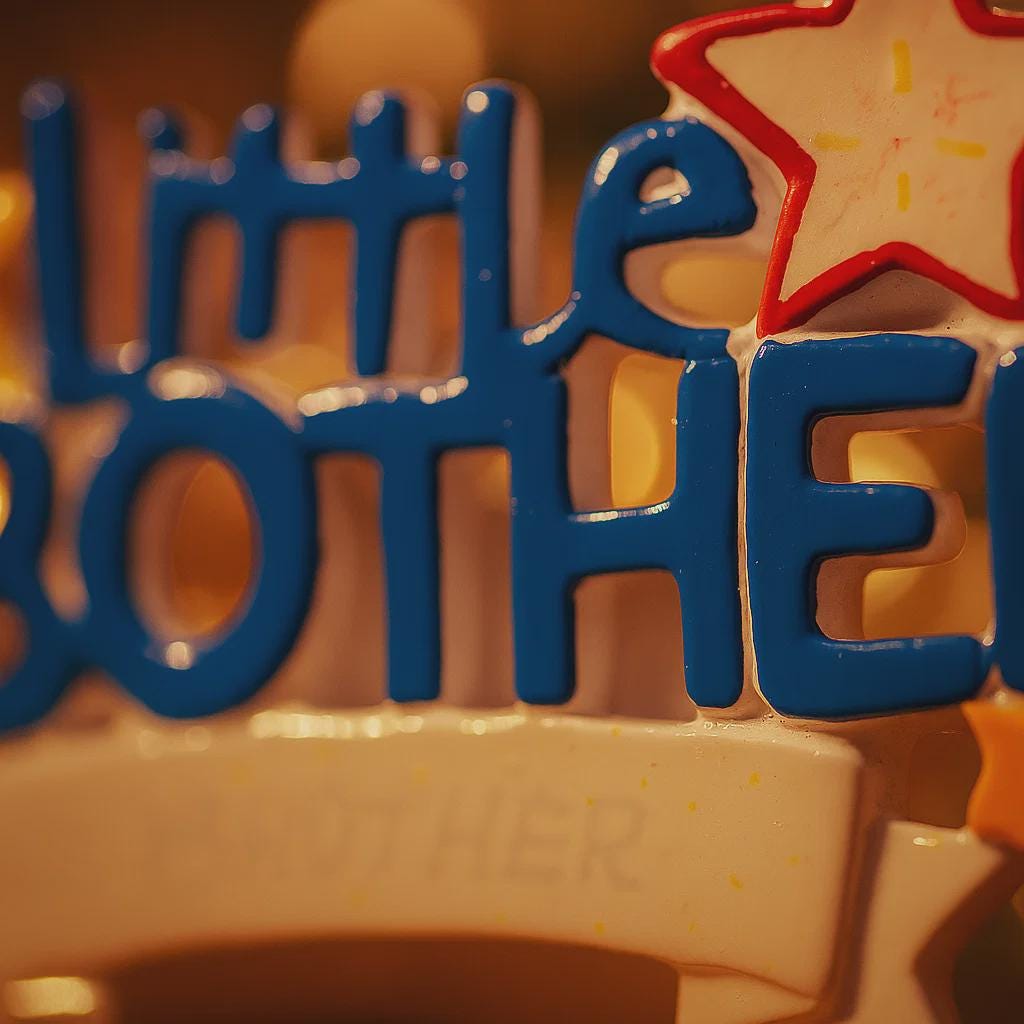 Decorative item with blue letters spelling 'little brother' on a beige background.