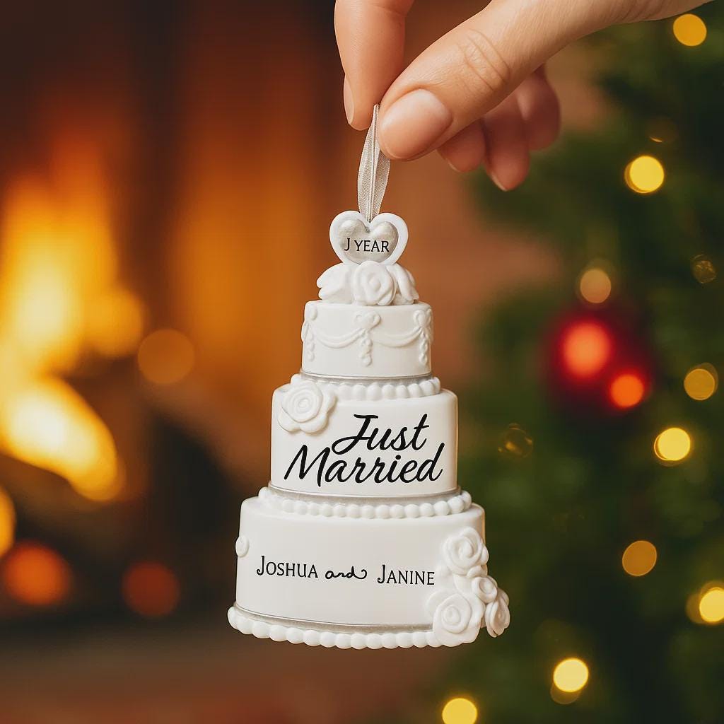 Personalized just married wedding cake ornament featuring a classic white tiered cake design with custom names and year. A timeless keepsake for newlyweds celebrating their first Christmas married wedding anniversary or Valentine’s Day.