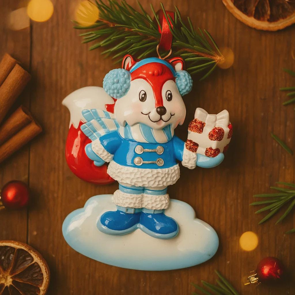 Christmas ornament of a fox character holding a gift on a wooden surface with festive decorations.