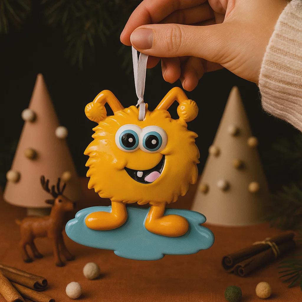 Yellow cartoon-like creature ornament with a hand holding it against a festive background.