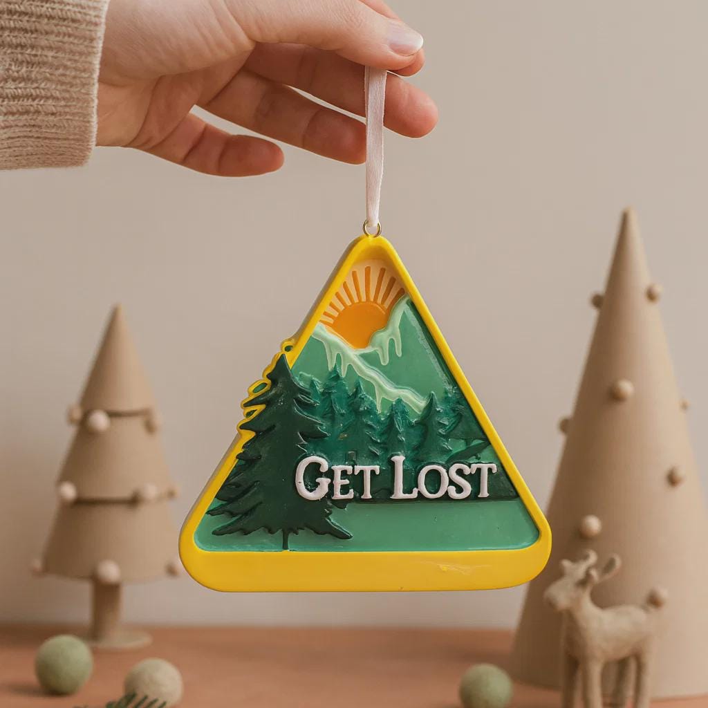 Decorative ornament with 'GET LOST' text and mountain design, held by a hand with Christmas tree decorations in the background.