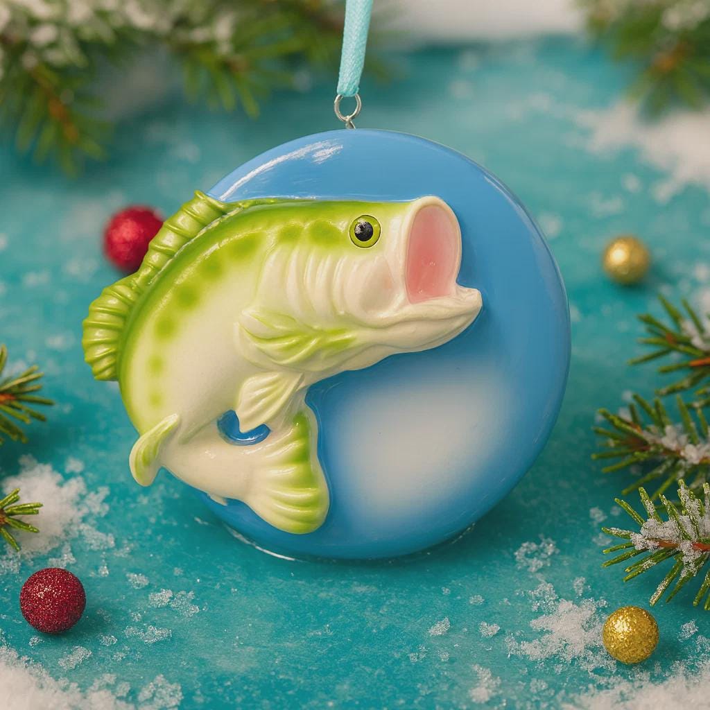 Decorative Bass fish ornament held by a hand with a blurred Christmas tree in the background