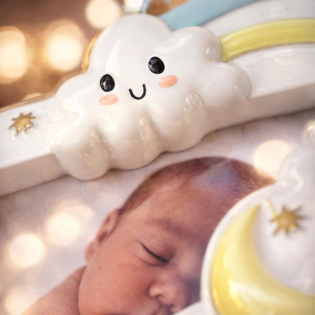 Baby sleeping with a cloud-shaped night light in the background