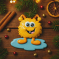 Load image into Gallery viewer, Yellow cartoon character on a blue cloud with Christmas decorations on a wooden background
