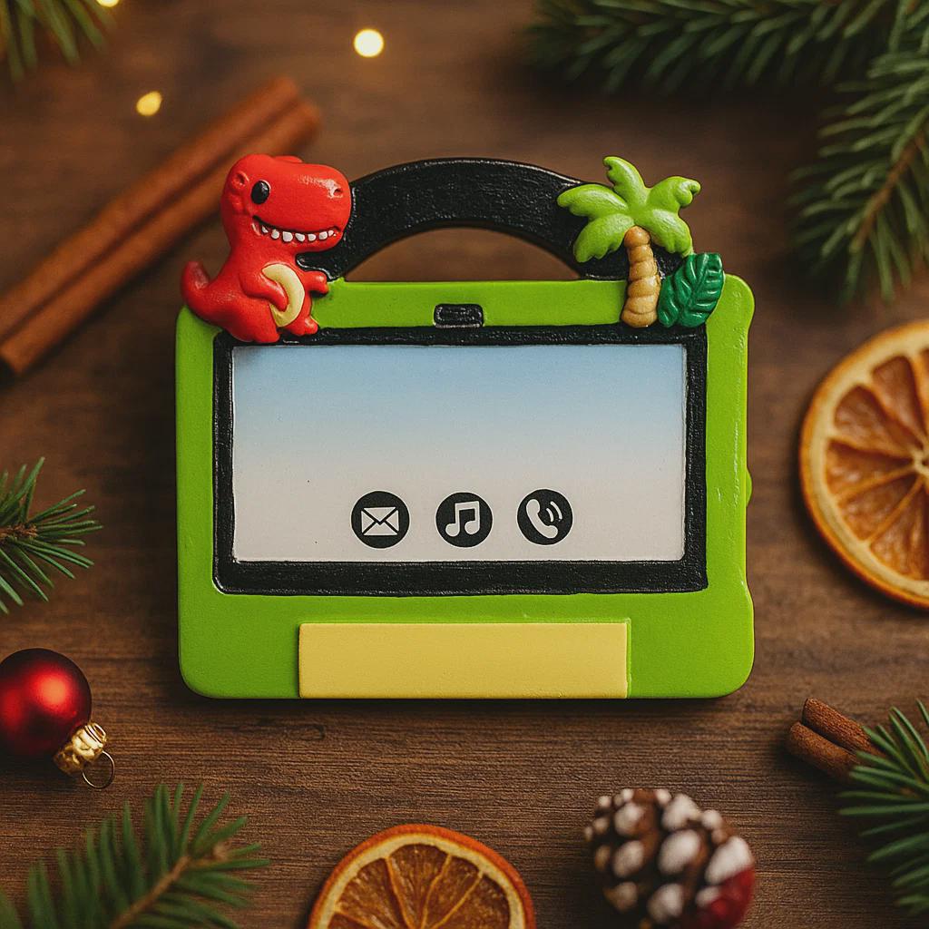 tablet ornament with dinosaur and tropical scene on a wooden surface with Christmas decorations.