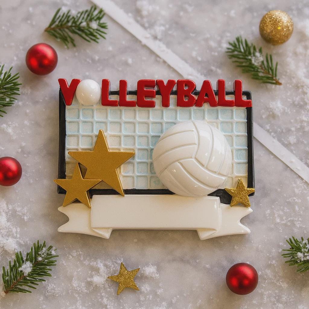 Decorative volleyball ornament with 'Volleyball' text on a textured surface with Christmas decorations.