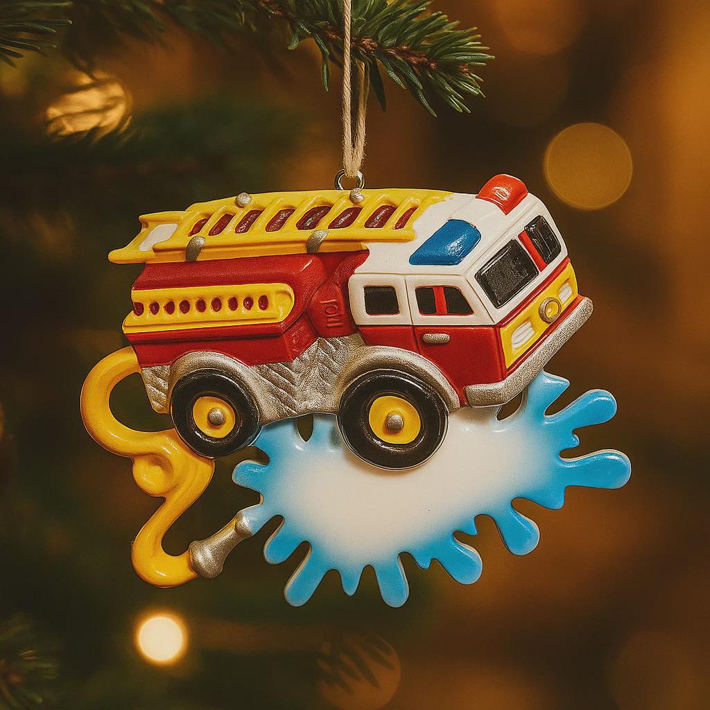 Decorative fire truck ornament hanging on a Christmas tree.