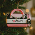Load image into Gallery viewer, Pink polka dot handbag ornament with 'I ❤️ Dance' text on a Christmas tree.
