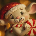 Load image into Gallery viewer, Decorative mouse figurine wearing a Santa hat and holding a candy cane with a warm, blurred background.
