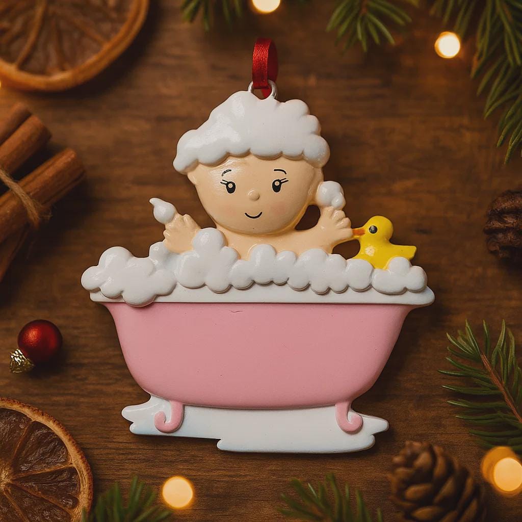 Decorative ornament of a baby in a bathtub with bubbles on a wooden surface with Christmas decorations.