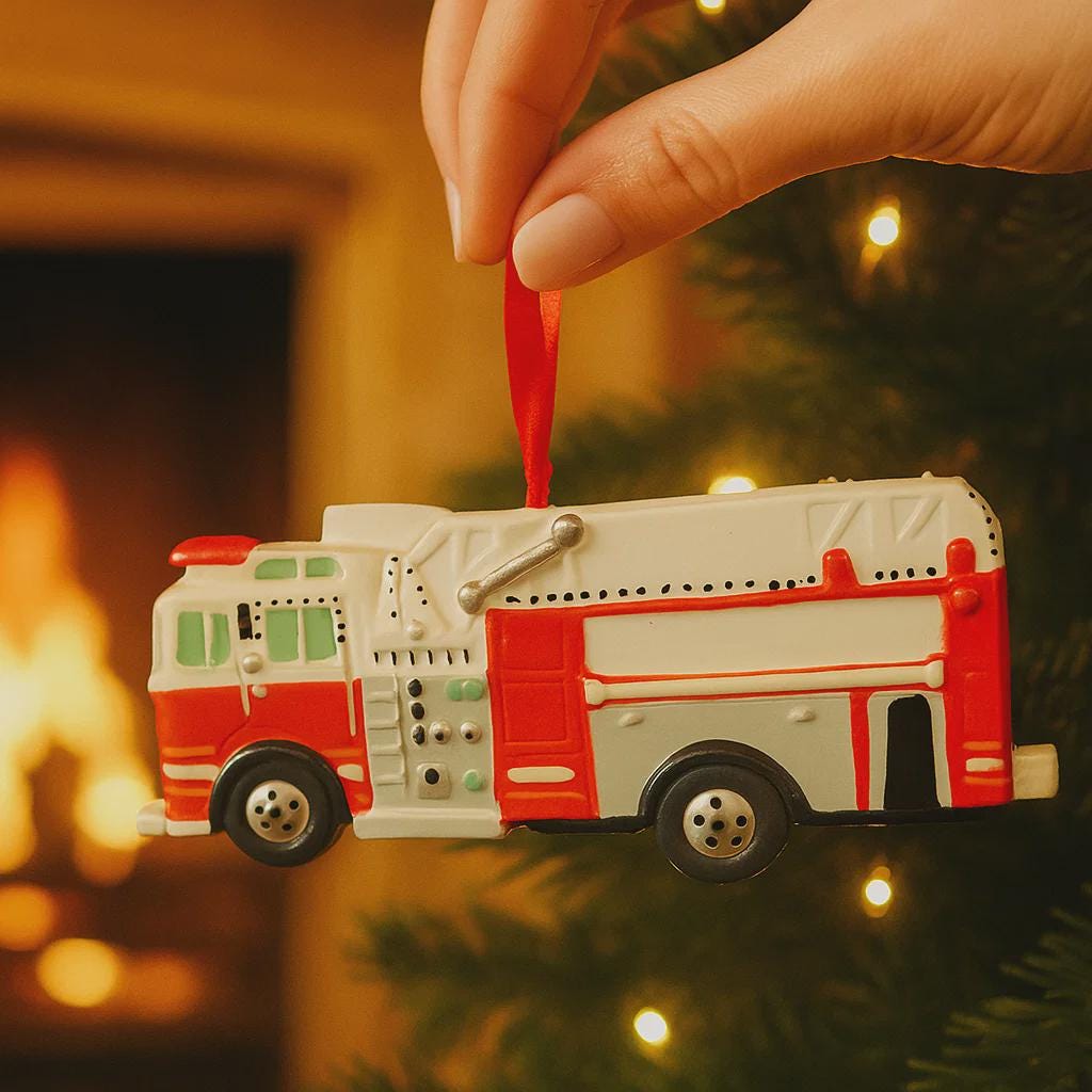 Fire truck ornament on a string with a warm, blurred background