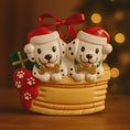 Load image into Gallery viewer, Personalized Christmas dog ornament featuring two adorable dalmatian puppies sitting together on a cozy basket, each wearing a Santa hat and holding a bone. Both puppies can be customized with names, while the front of the basket is personalized with a year or family name. Decorated with festive details like a stocking, gift box, and holiday accents, this ornament has a raised 3D front and smooth finish, making it perfect for dog lovers, couples, families, and Christmas tree decor.

