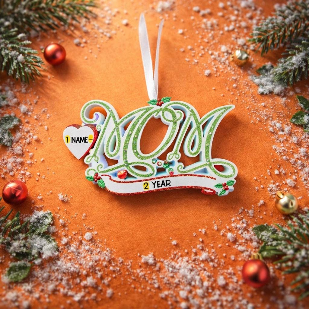 Decorative 'MOM' ornament with customizable text on a festive background.