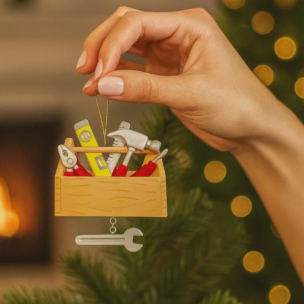Personalized handyman ornament featuring a wooden style toolbox filled with tools including hammer wrench pliers and level. Custom name and year displayed on the front. Mostly 2D design with raised 3D tool details on the surface. Perfect Christmas ornament for handyman contractors mechanics and skilled trade workers.