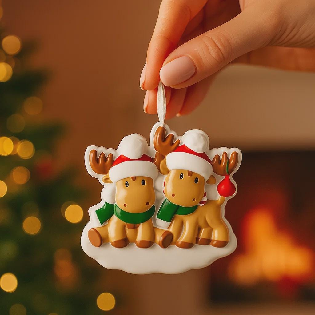 Close up view of a personalized reindeer couple ornament featuring two festive reindeer wearing Santa hats with customizable names. Designed to celebrate couples, families, siblings, or loved ones, this ornament highlights togetherness and holiday warmth. A charming Christmas keepsake perfect for tree decor, gift giving, and preserving shared holiday memories.
