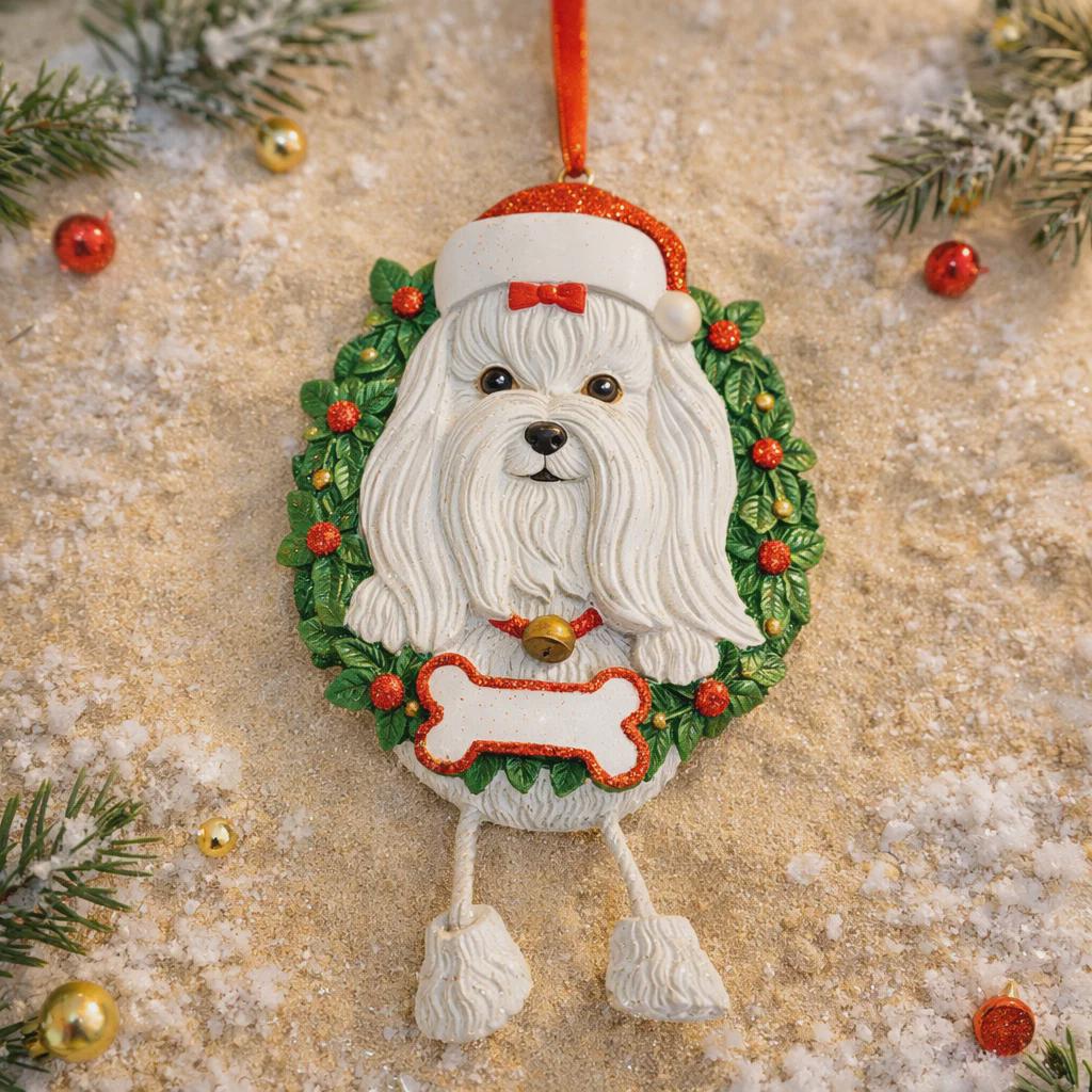 Christmas ornament of a dog wearing a Santa hat on a decorative background with greenery and berries.