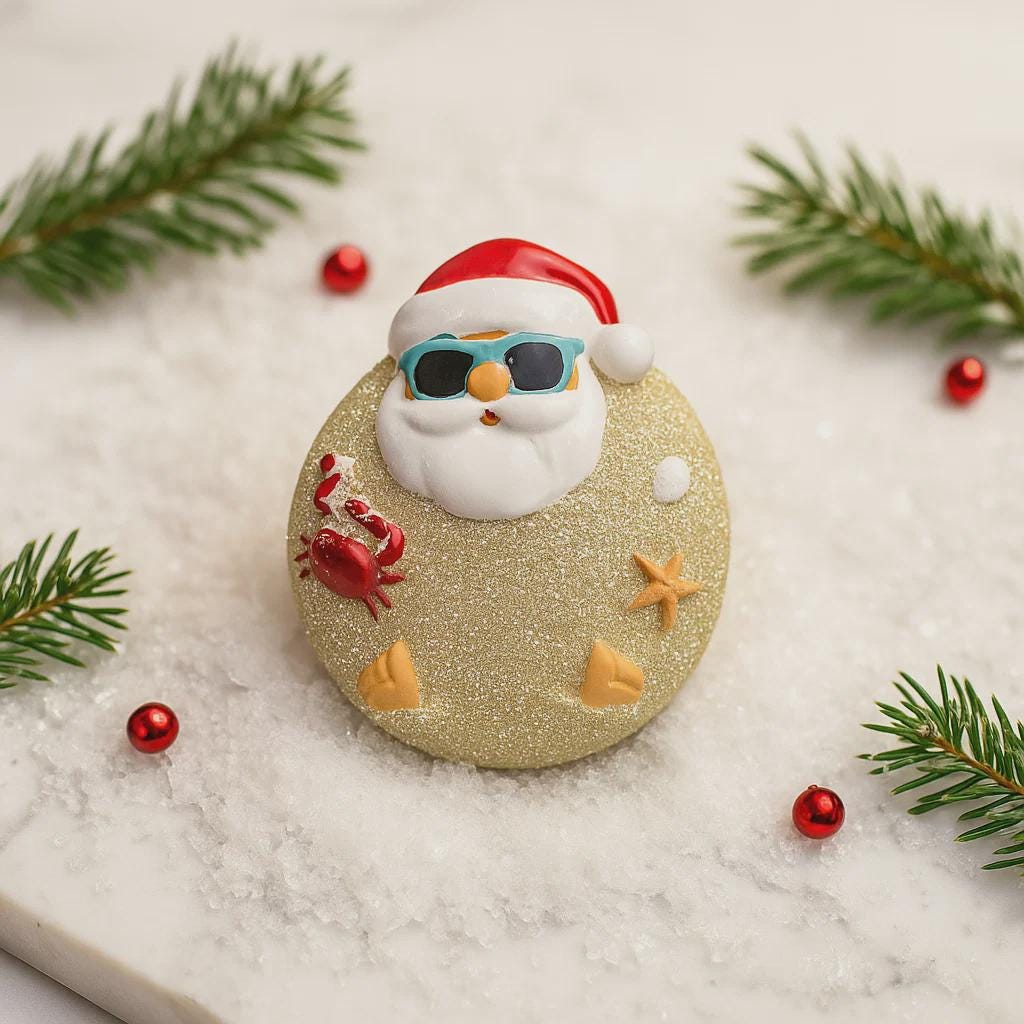 Decorative ornament with Santa Claus design on a marble surface with Christmas decorations.